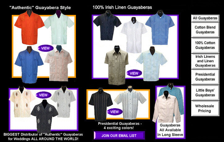 Authentic made in Mexico mens shirts four pocket Guayabera shirts.  Shop for men with Guayabera World, find mens guayabera shirts for weddings, bartending, bartender shirts, and Mexican restaurant waiters shirts.  Buy wholesale guayabera shirts.  authentic guayabera shirt,authentic guayaberas,cuba shirt, cuban shirt